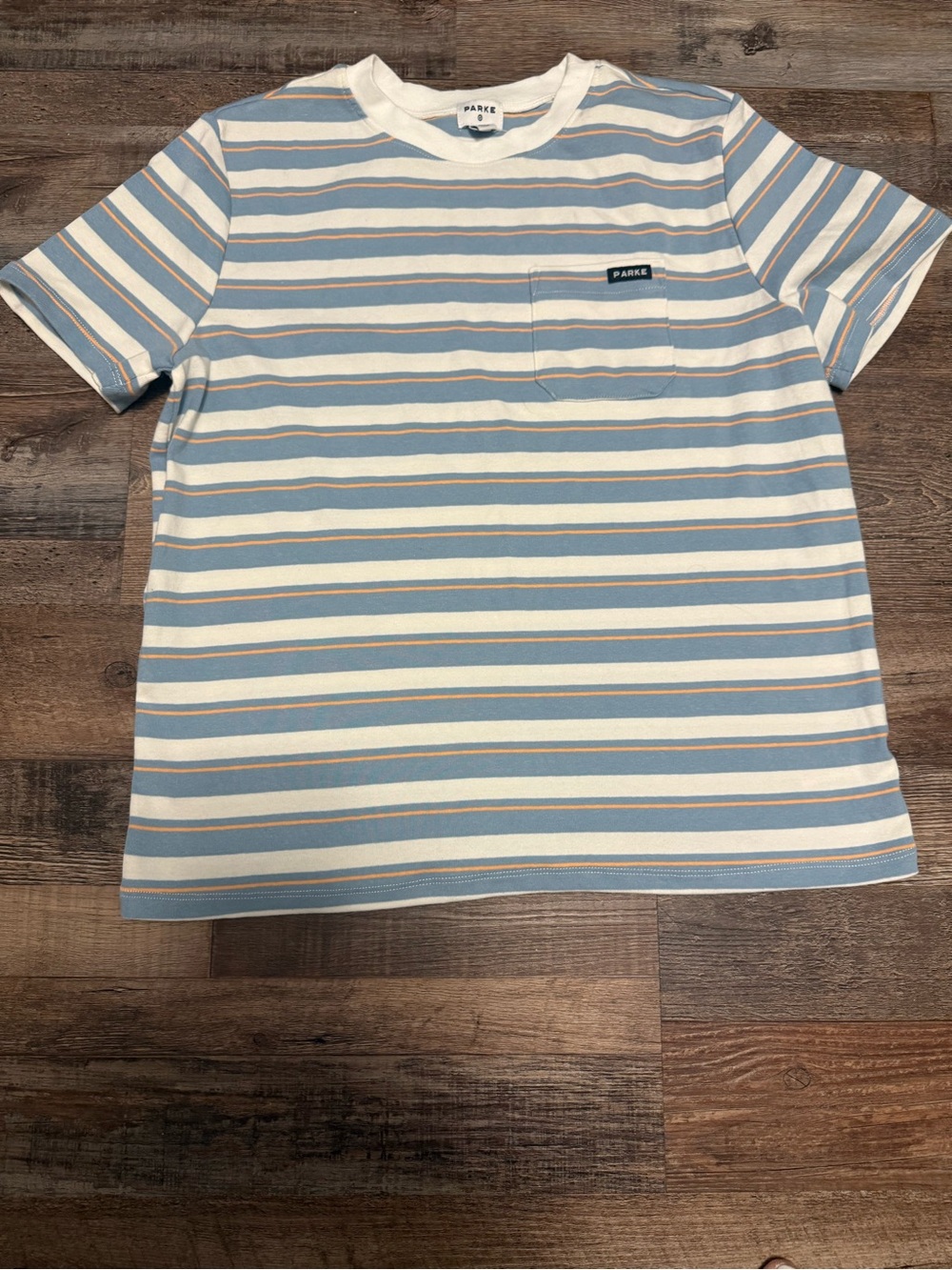 Parke Target Collab Light Blue, White & peach Striped Pocket Tee NWT Size M